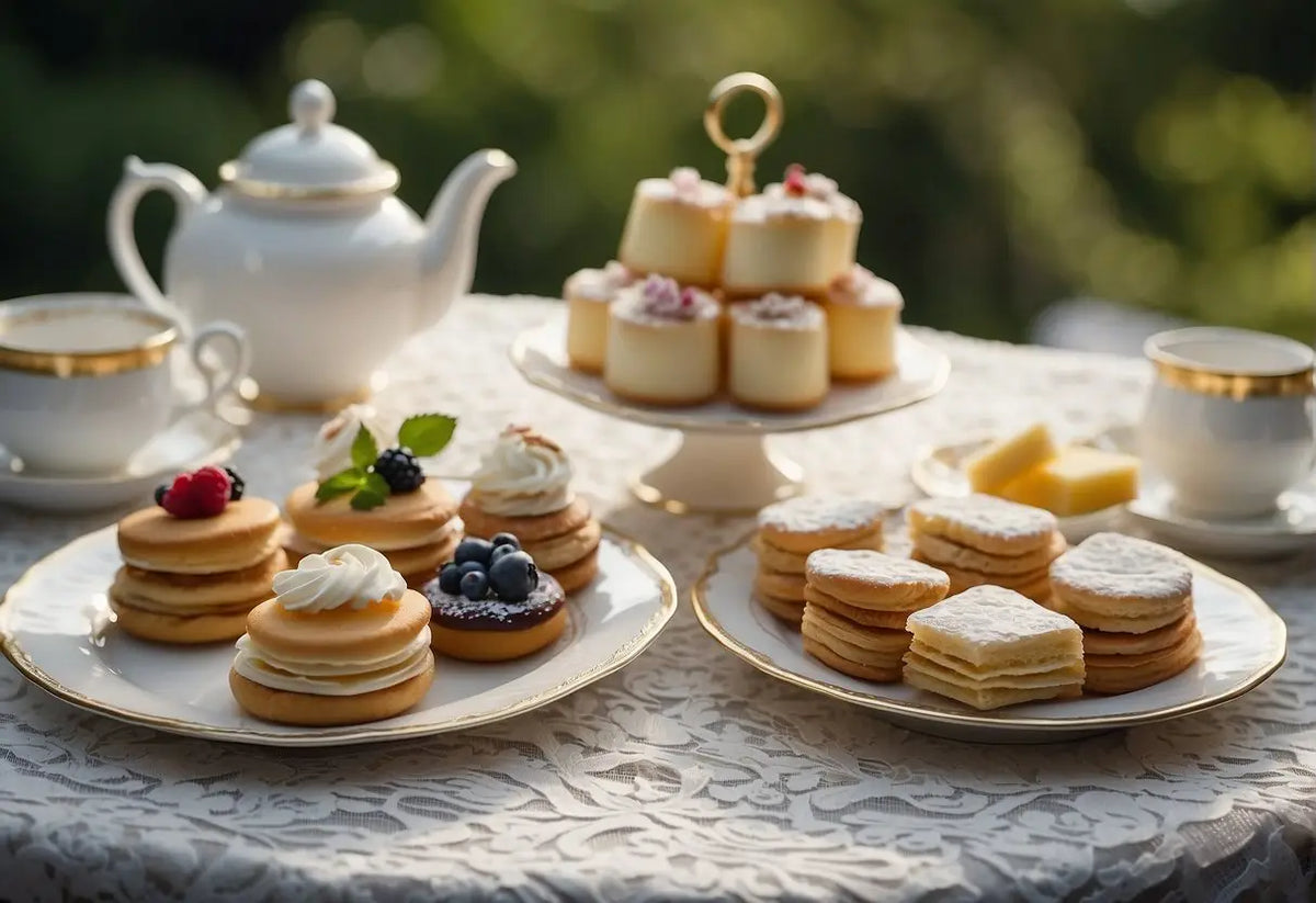 Elegant tea party spread with fine china, pastries, and floral decorations for a sophisticated look