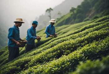 Tea pickers working in a lush green tea field for the Where Does Tea Come From article