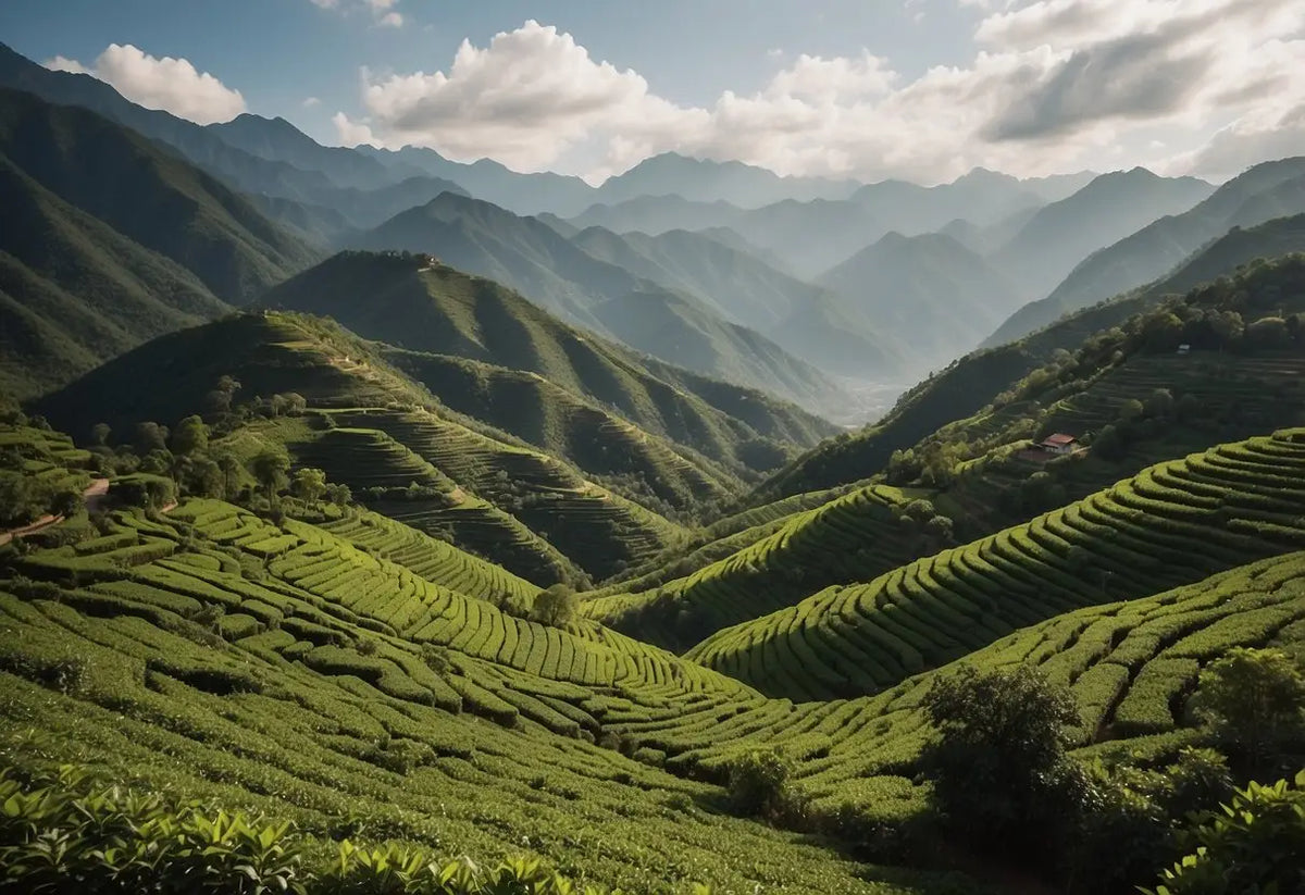 Lush green terraced hillsides in Pu Erh Tea growing region