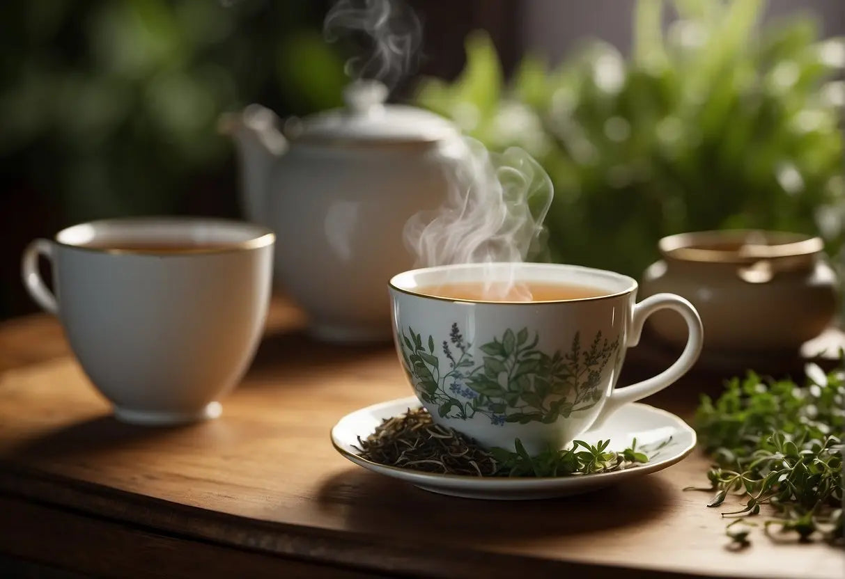 Steaming teacup with botanical design illustrating the benefits discussed in Why Does Tea Make You Pee