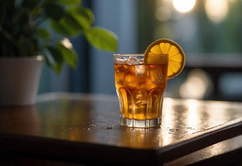 Iced tea garnished with orange slice in a clear glass, perfect for summer refreshment