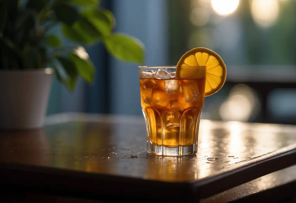 Iced tea garnished with orange slice in a clear glass, perfect for summer refreshment