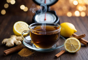 Steaming cup of tea with lemon, ginger, and cinnamon in an article about Pu Erh tea and weight loss