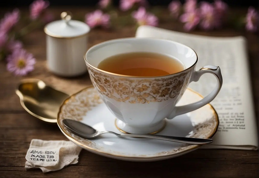 Elegant teacup with golden accents on a saucer, emphasizing refinement and elegance