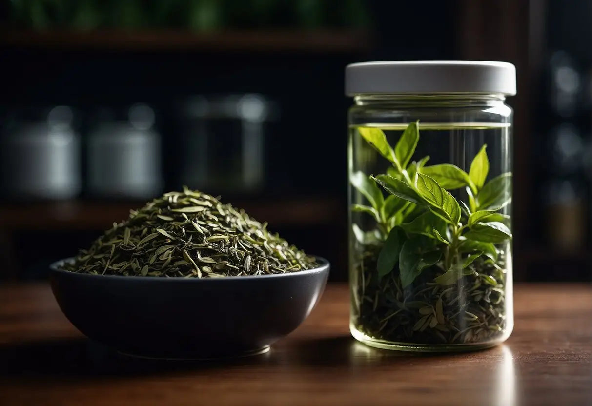 Green tea leaves sealed in airtight container, placed in a cool, dark pantry