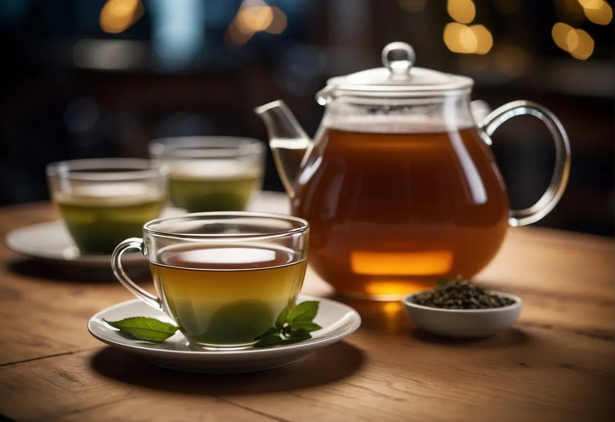 A gallon of tea sits on a table with multiple cups nearby, suggesting it can serve a group of people at an event