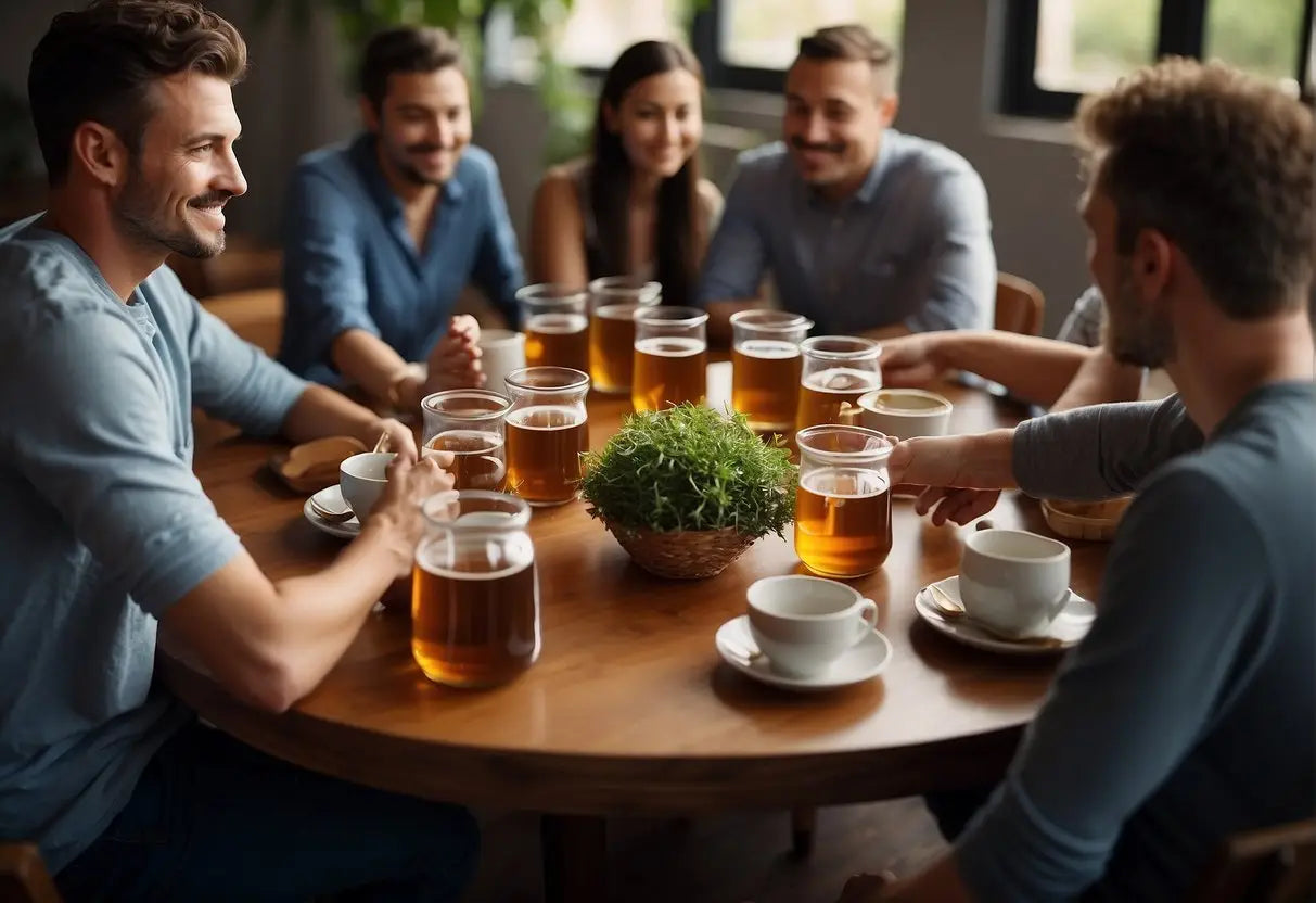 A gallon of tea serves a group of people, with cups in hand, gathered around a communal table or sitting in a circle