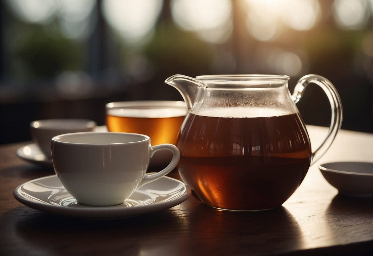 A gallon of tea sits on a table with multiple empty cups nearby, ready to be filled