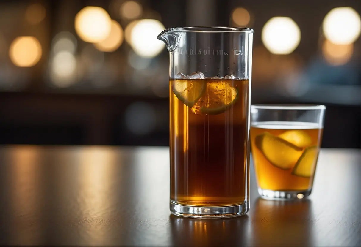 A glass of unsweetened tea with a measuring cup next to it, displaying the serving size and calorie count
