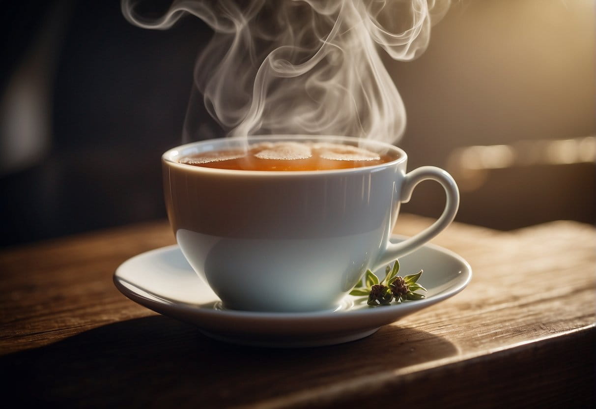A steaming cup of tea in a delicate porcelain mug, with wisps of steam rising and a teabag steeping in the hot water