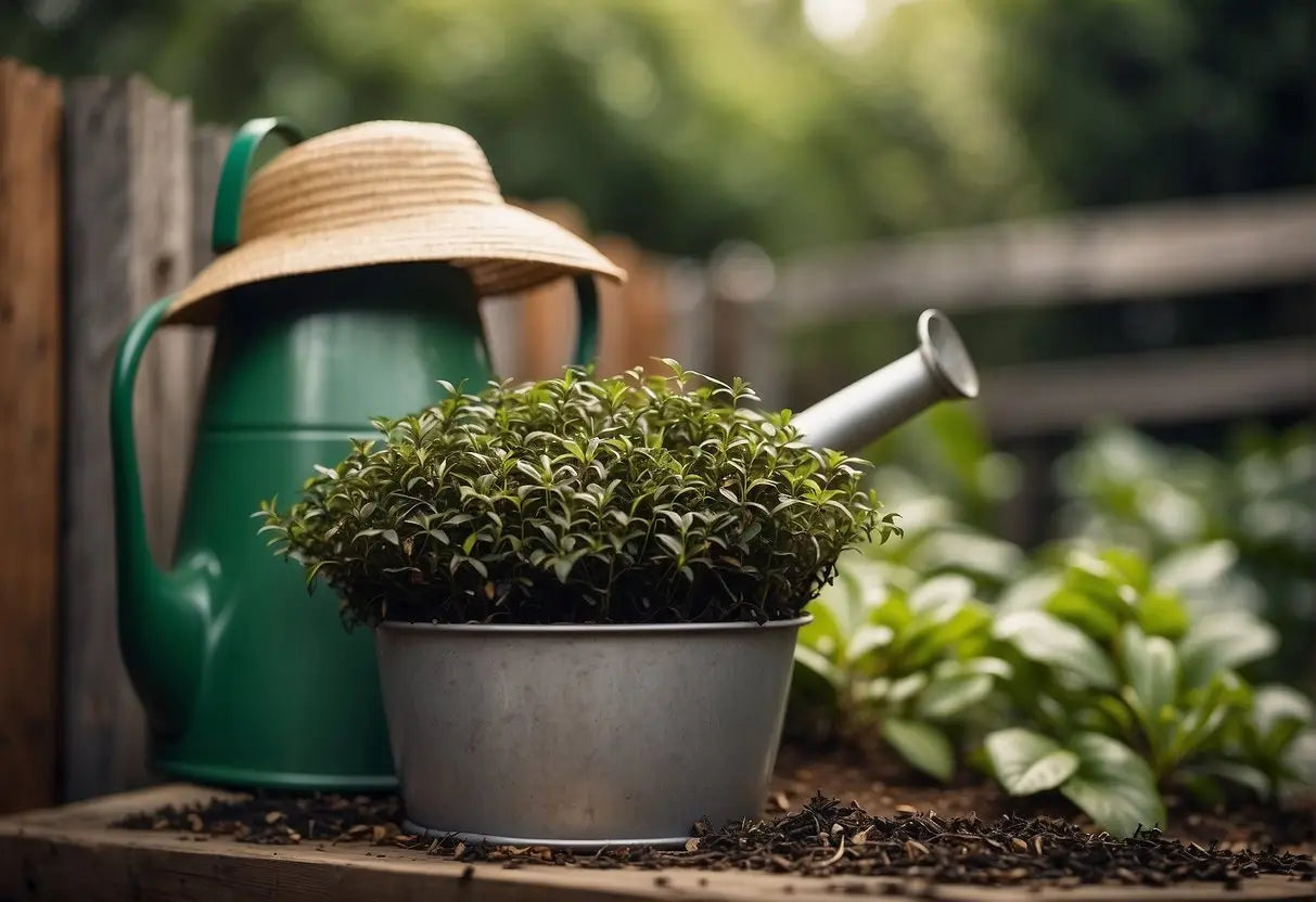 Tea leaves scattered around potted plants, a watering can nearby. A compost bin with a pile of used tea leaves. A gardener's hat hanging on a fence