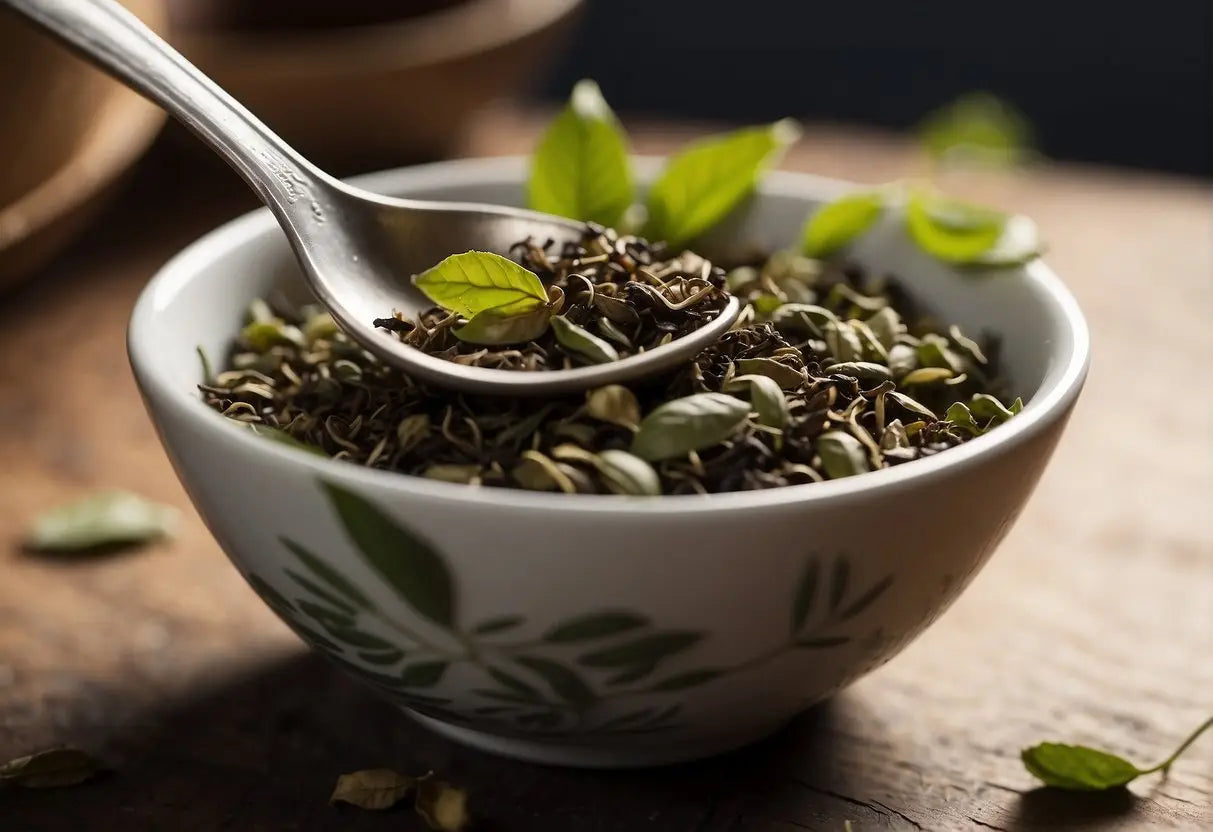 Tea leaves in a used teabag sit in a small bowl. A hand reaches for them with a spoon, ready to be used for personal care