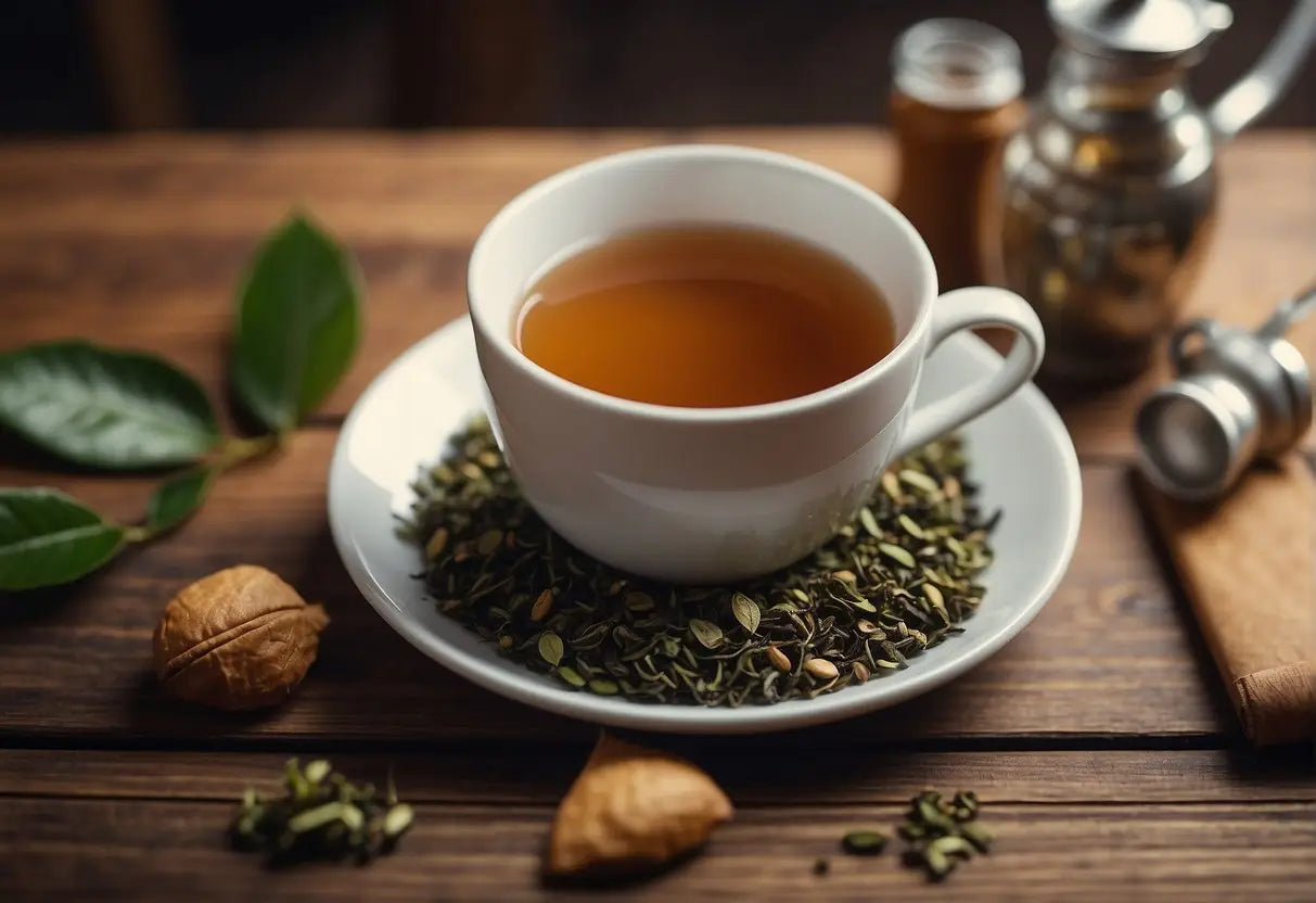 Tea leaves scattered on a wooden table, surrounded by crafting materials like paper, glue, and scissors. A steaming cup of tea sits nearby, with a faint aroma filling the air