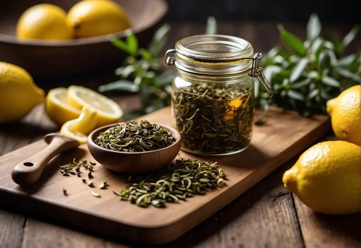 A pile of used tea leaves sits on a cutting board next to a knife, lemon peel, and a bowl of sugar. A jar of honey and a spoon are nearby