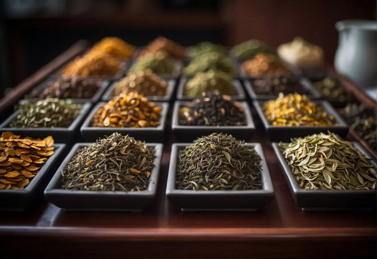 A table displays various oolong and pu erh tea leaves in different containers, showcasing their distinct colors and textures