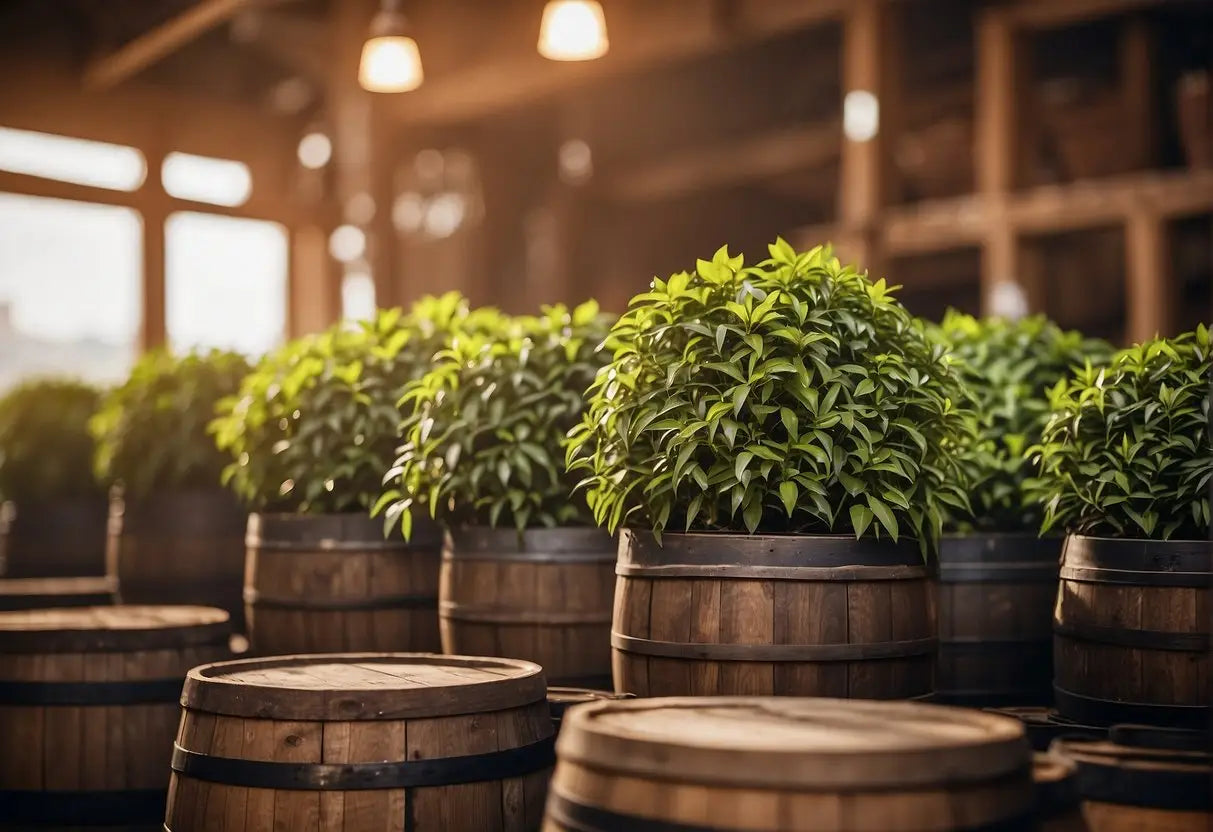 Tea leaves stored in wooden barrels, aging oolong and pu erh, surrounded by the earthy aroma of fermentation