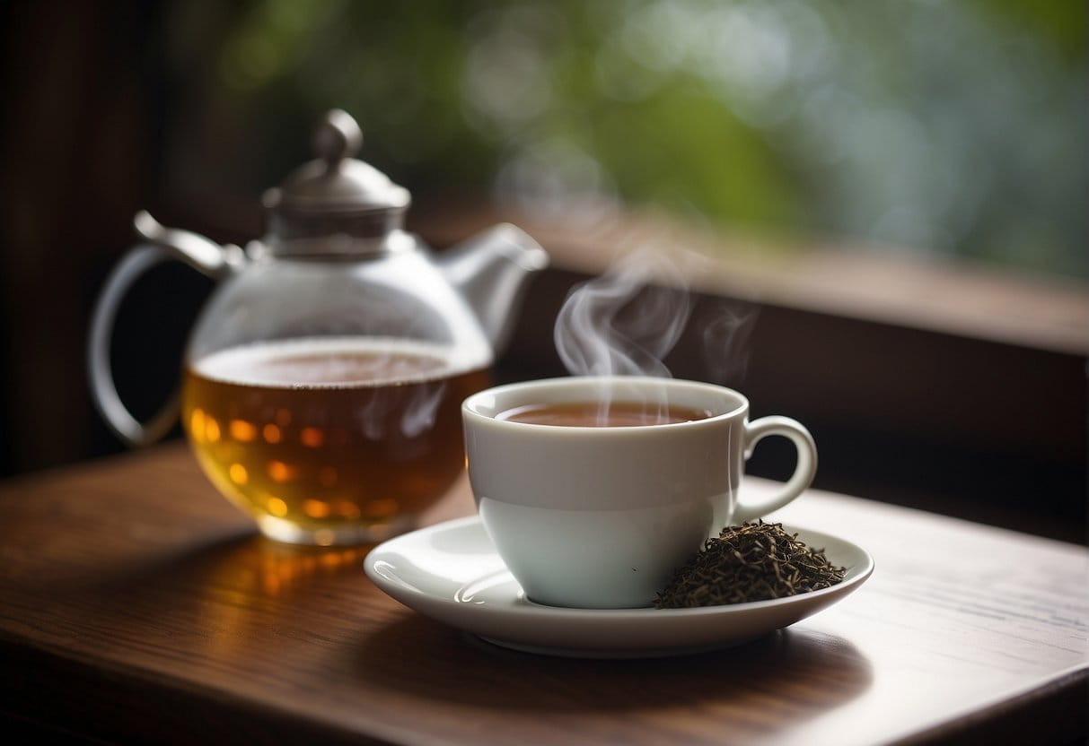 A steaming cup of oolong tea sits next to a pu erh tea cake, with a stack of FAQ papers in the background