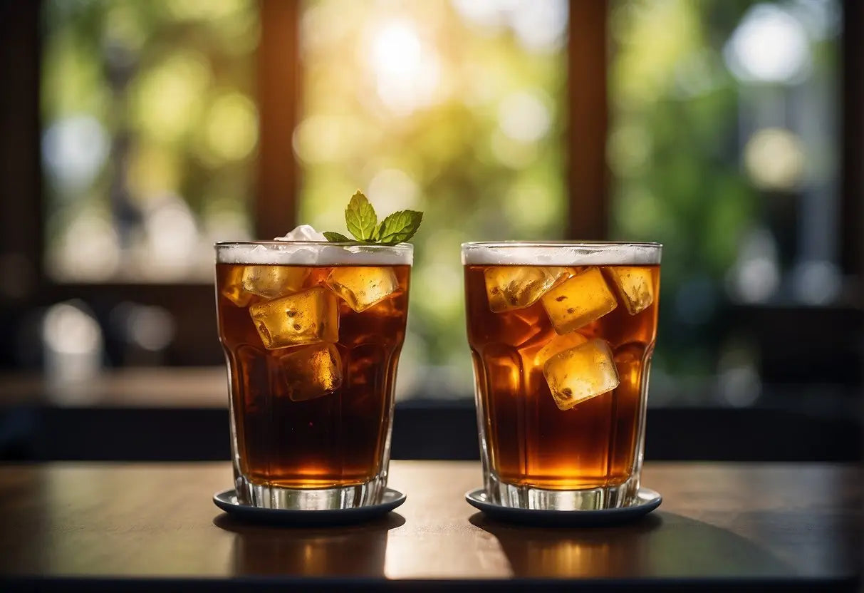 A glass of sweet tea sits next to other caffeinated drinks, showing varying caffeine levels