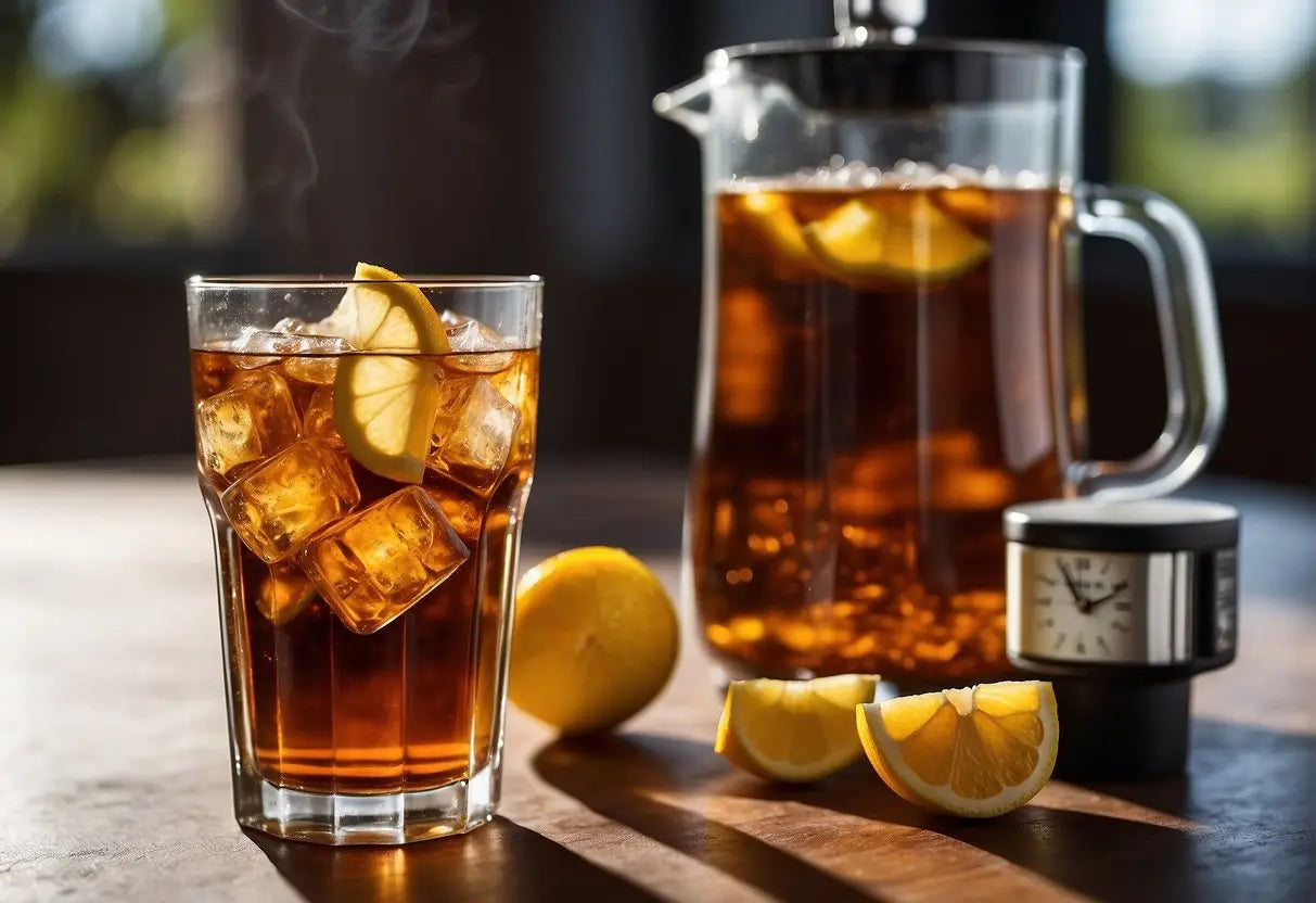 A glass of sweet tea with a caffeine meter showing high levels