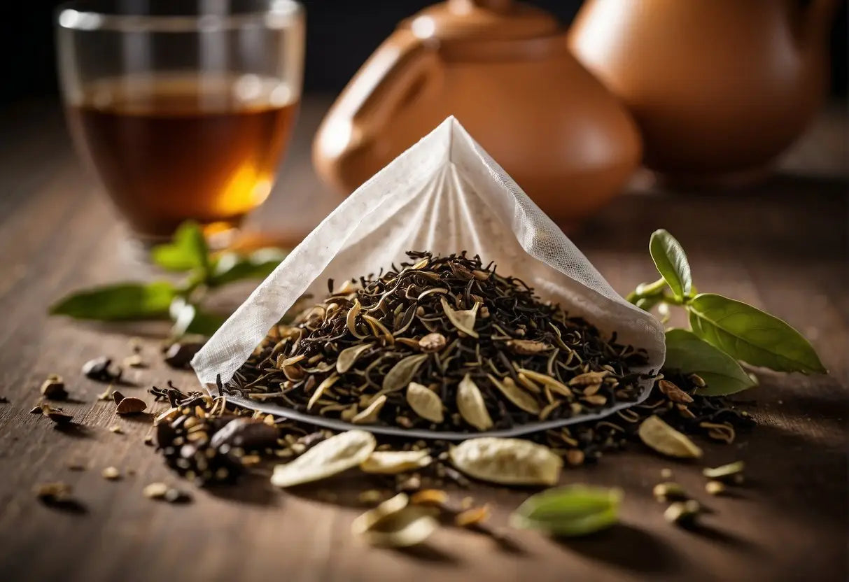 A tea bag sits open, revealing loose tea leaves spilling out. The bag is about half full, with small fragments of dried leaves visible
