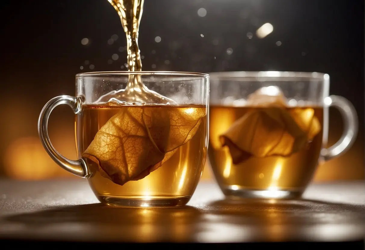 A tea bag is submerged in hot water, releasing its contents. The water turns a rich, golden color as the tea brews to its full strength