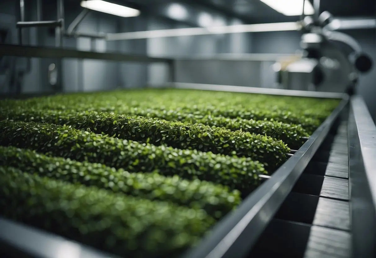 A tea leaf being processed through a decaffeination method, such as using carbon dioxide or water, in a modern industrial facility