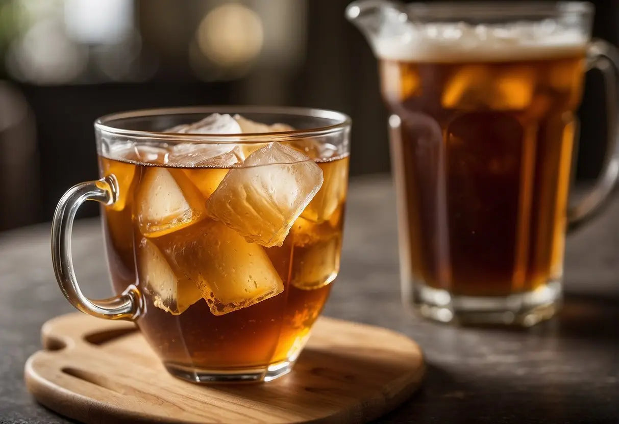 A glass of sweet tea with a clear label showing the serving size and calorie count. An accompanying measuring cup displays the variations in portion sizes