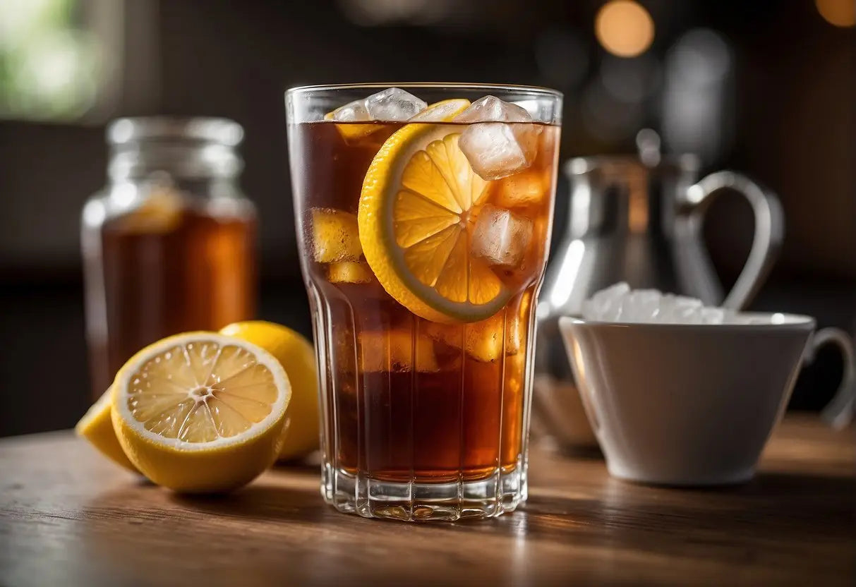A glass of sweet tea with a measuring cup next to it, showing a comparison of the amount of sugar and calories in the drink