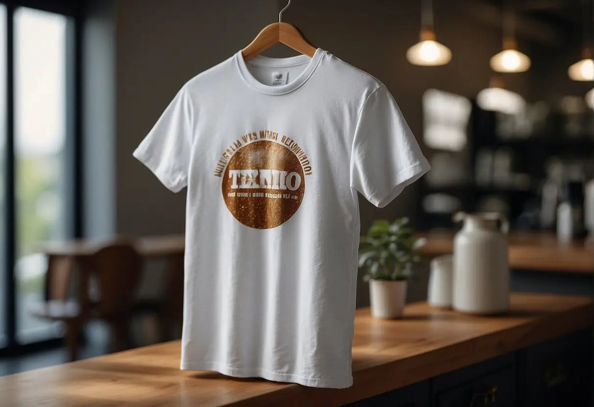 A white t-shirt with a visible tea stain. A bottle of stain remover and a damp cloth nearby