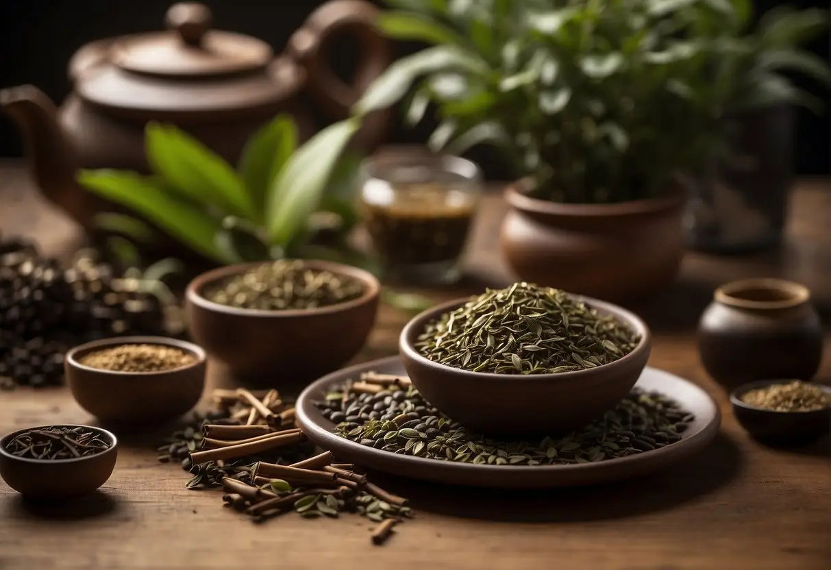 A variety of hojicha leaves and twigs are arranged on a wooden table, with steaming cups of hojicha tea beside them. A sign in the background reads "Types of Hojicha" and another sign asks "does hoj