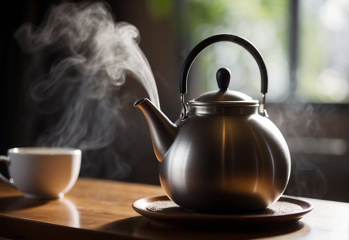 A tea pot sits on a table, steam rising from its spout. A hand pours hot water into the pot, adding loose tea leaves. The lid is placed on top, and the pot is left to steep
