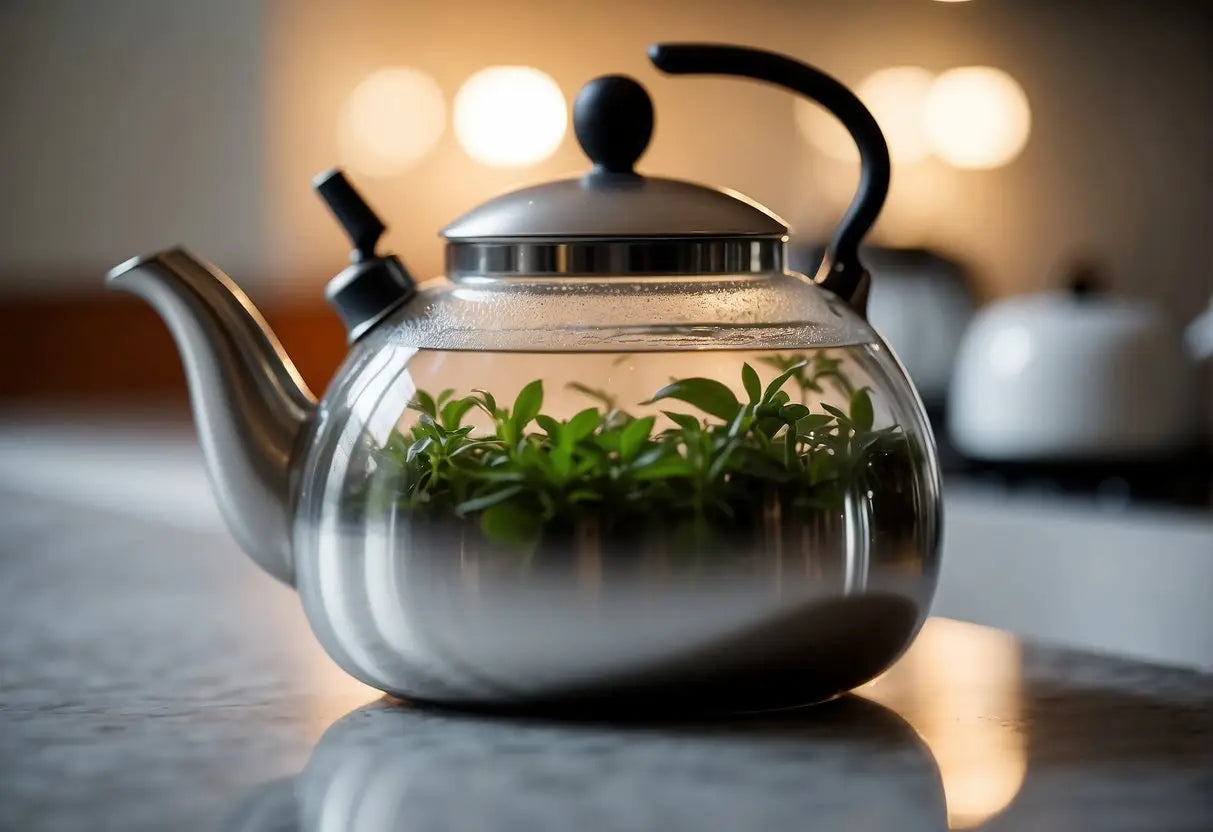 A tea pot sits on a stove. Steam rises from the spout as water boils inside. The handle is lifted, and the tea pot is tilted to pour the hot water into a waiting cup