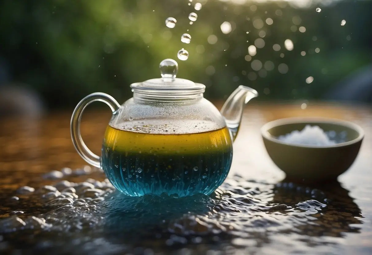 A tea pot being rinsed under running water with a sponge