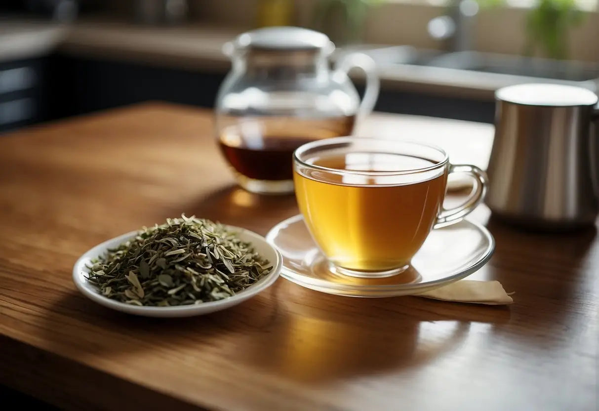 A variety of tea bags and loose leaf tea scattered on a kitchen counter, with a mug and kettle nearby. A liver and kidney health book open beside the tea