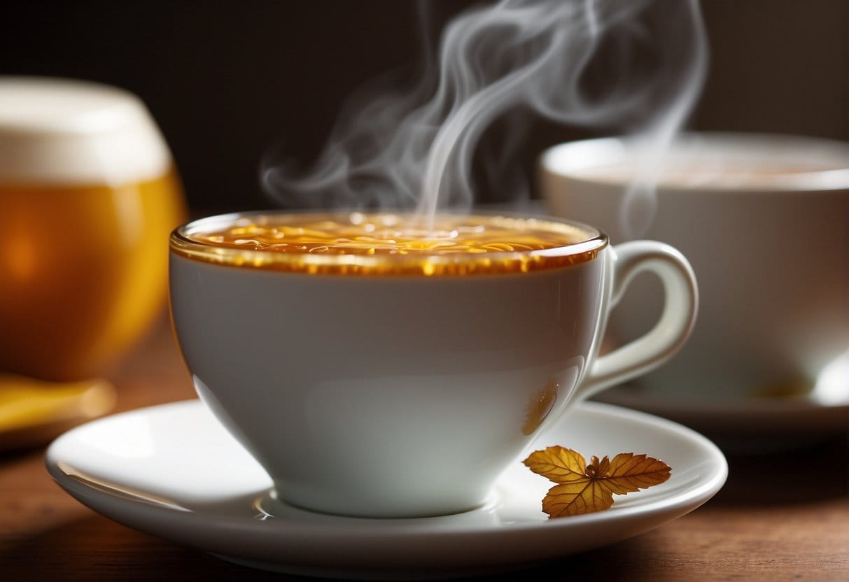 A steaming cup of English breakfast tea sits on a saucer, emitting a rich, malty aroma. The deep amber liquid swirls with hints of honey and a robust, slightly astringent flavor