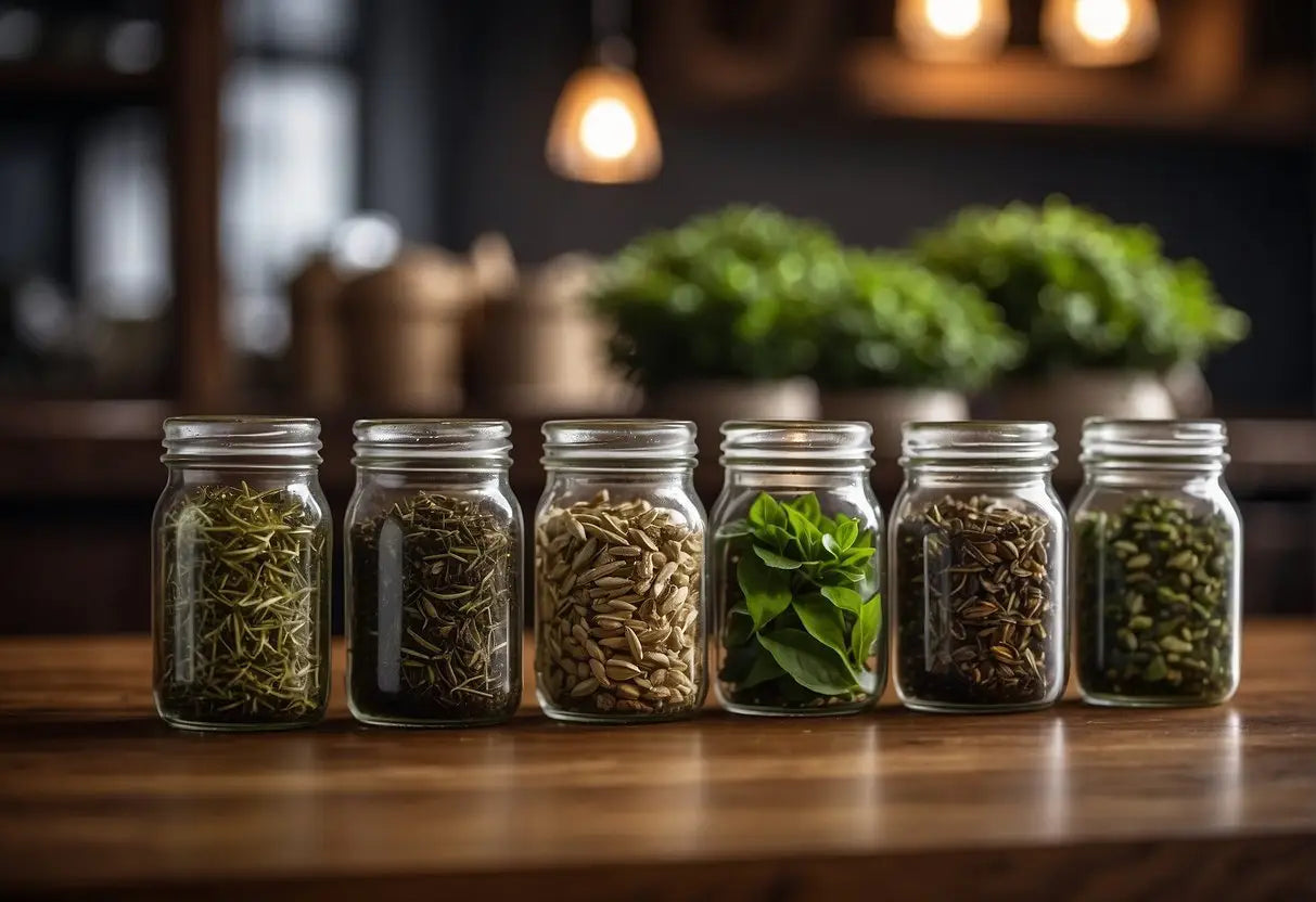 A variety of tea leaves in different containers, labeled with their potency levels, arranged on a wooden table