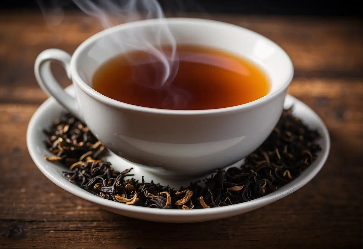 A steaming cup of black tea exudes a bold, earthy flavor with hints of malt and a subtle astringency, leaving a lingering warmth on the palate
