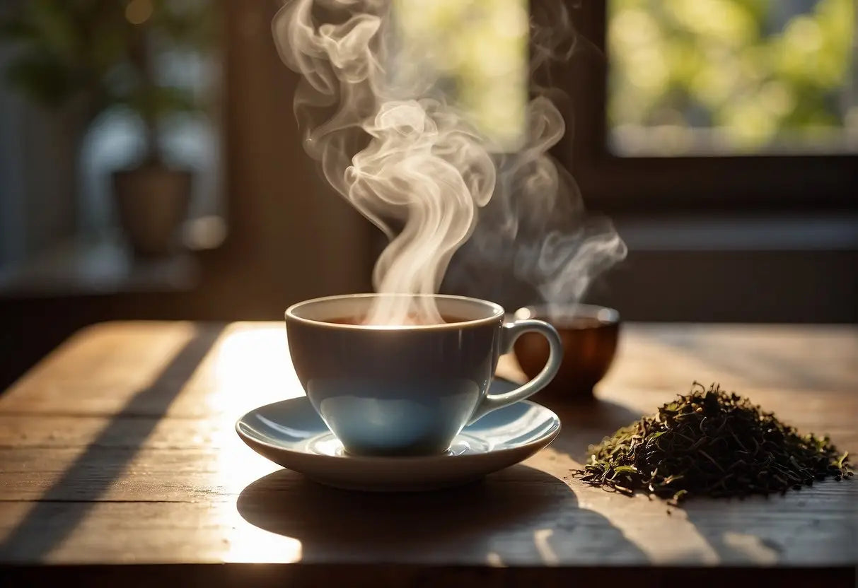 A steaming cup of earl grey tea sits on a wooden table, surrounded by loose tea leaves and a vintage teapot. The sunlight streams in through a nearby window, casting a warm glow over the scene