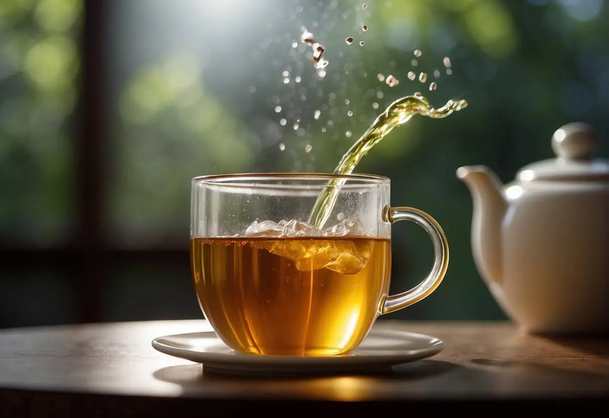 A tea bag steeping in hot water for 3 minutes, releasing caffeine into the liquid