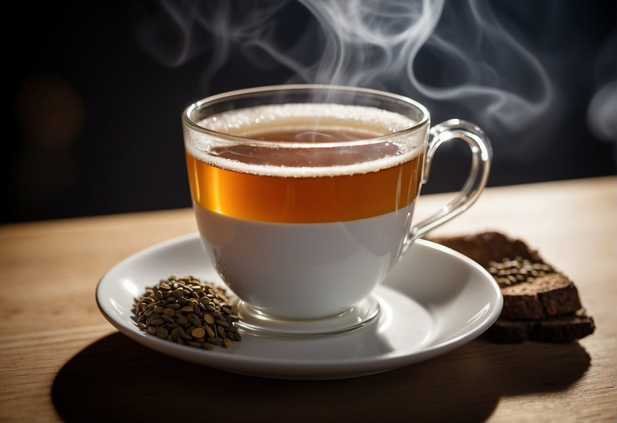 A steaming cup of English breakfast tea with a teabag submerged in the hot water, a clock showing the steeping time, and a caffeine molecule diagram in the background