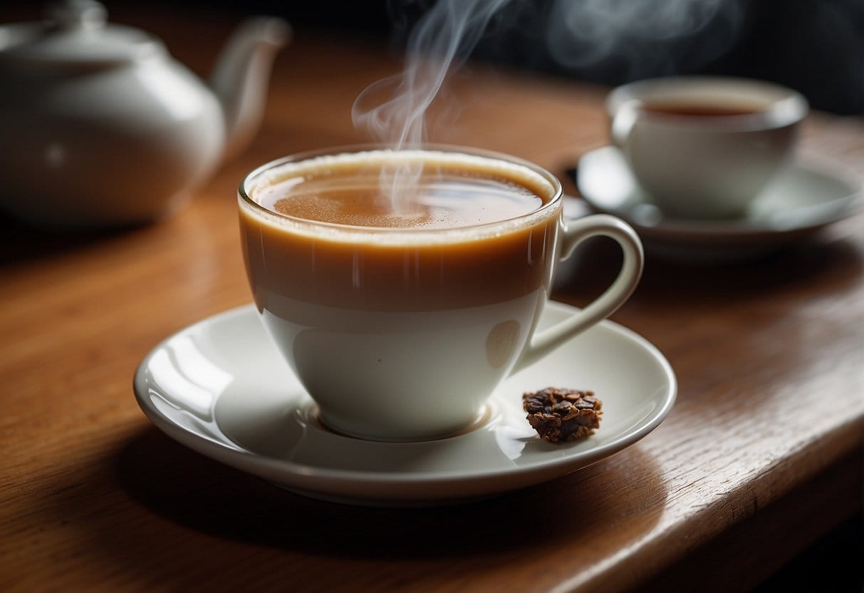 A steaming cup of English breakfast tea sits on a table with a caffeine content label