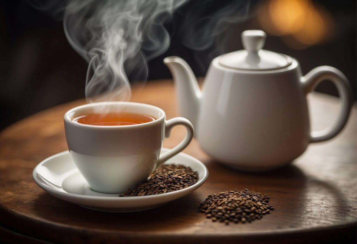 A steaming cup of English breakfast tea with a caffeine content label, surrounded by a stack of tea bags and a kettle