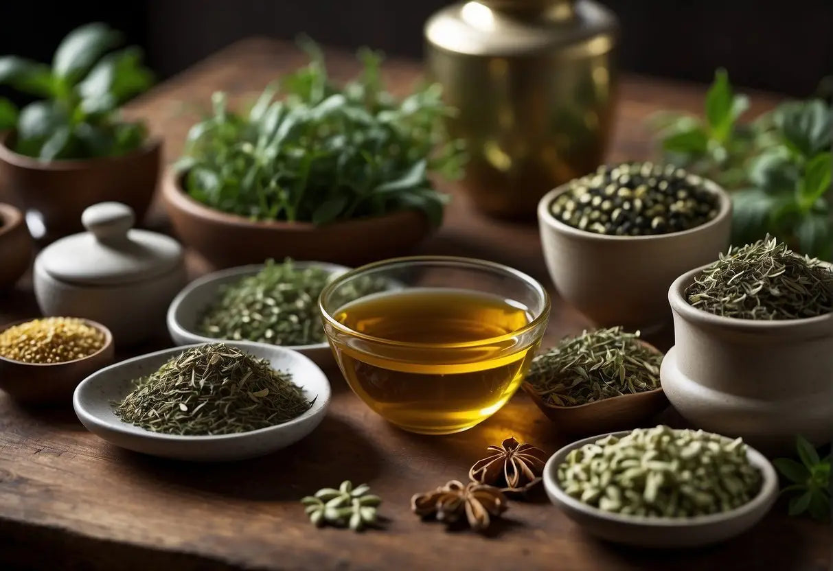 A variety of teas and herbs are laid out on a table, including peppermint, ginger, and senna, with a mortar and pestle nearby for blending