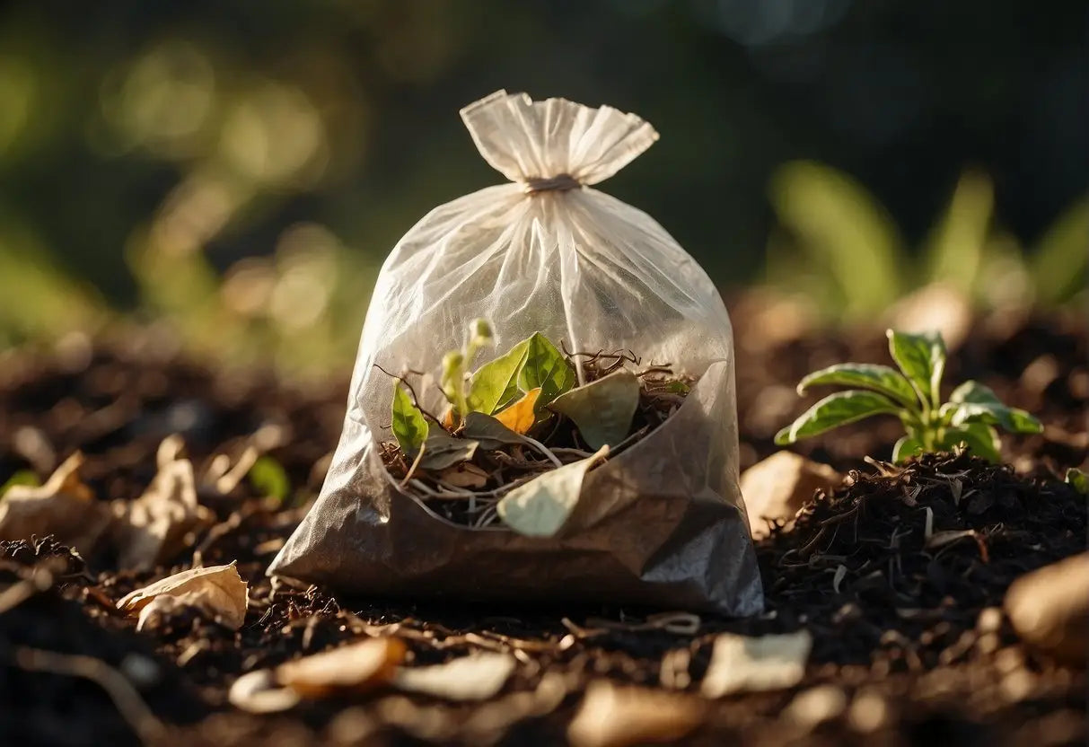 A used tea bag being placed in a compost bin, surrounded by various organic waste