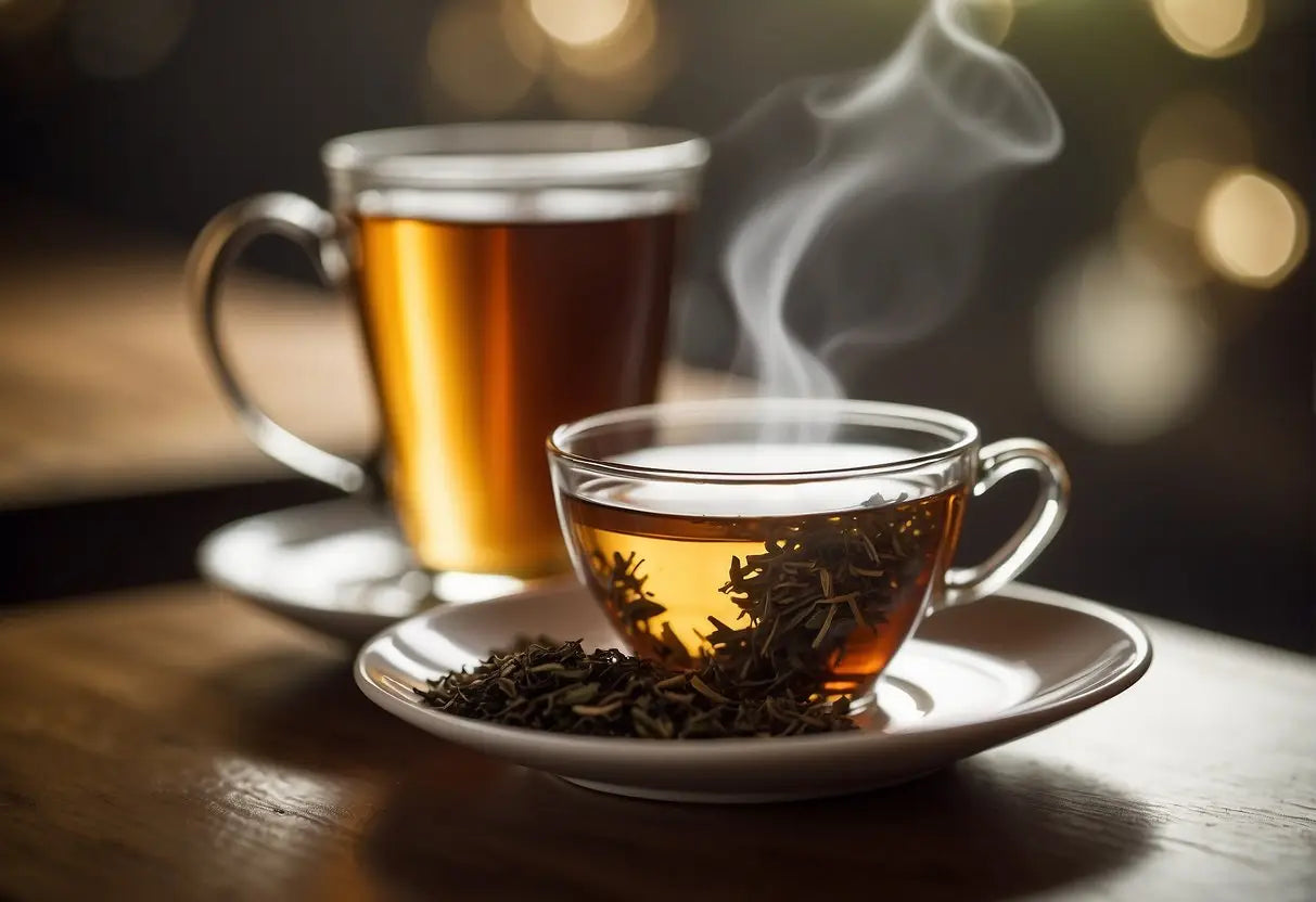A used tea bag sits on a saucer, with steam rising from a cup in the background