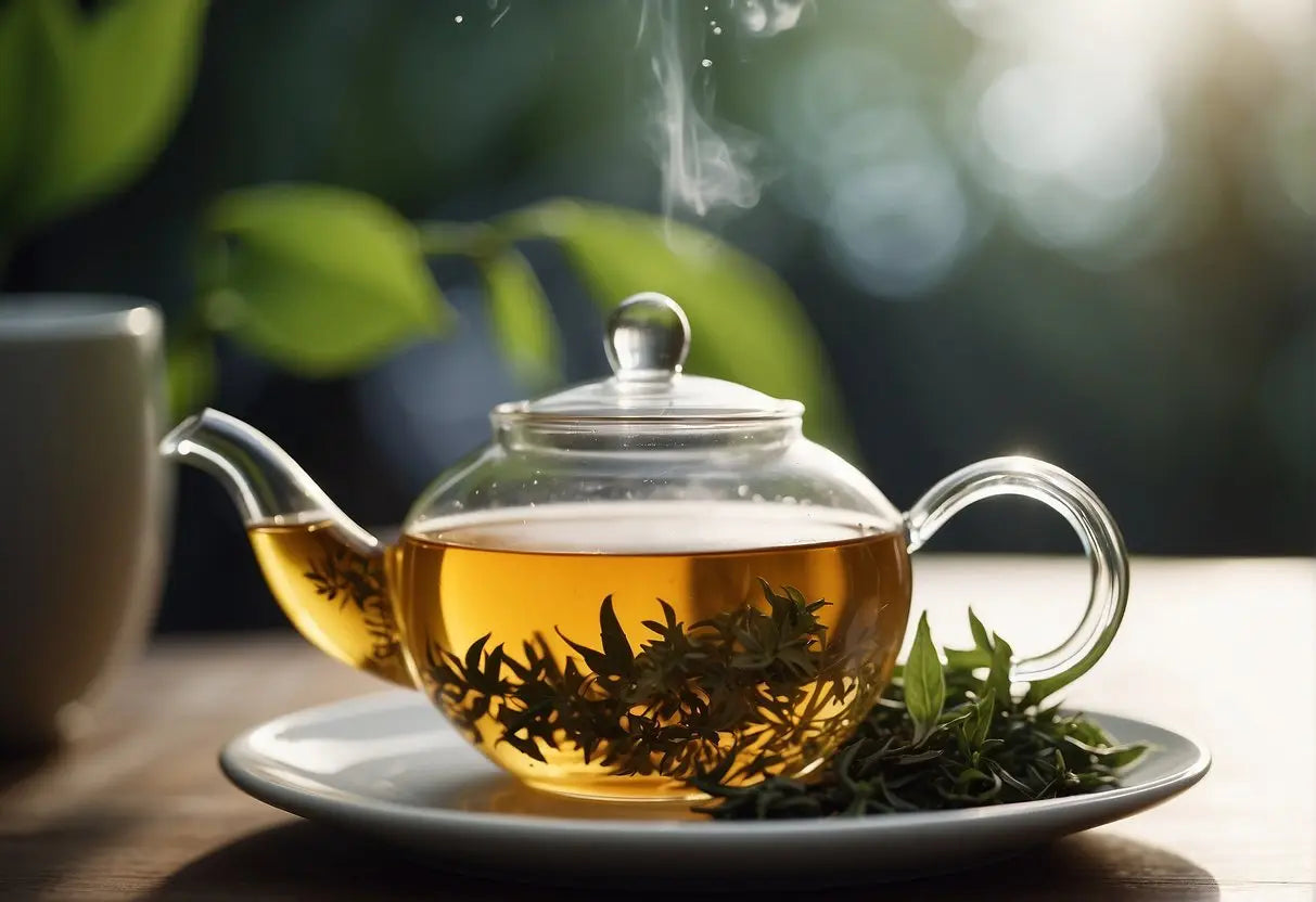 Loose tea leaves poured into a strainer over a teapot. Hot water poured over the leaves. Strainer removed after steeping. Teapot poured into cups