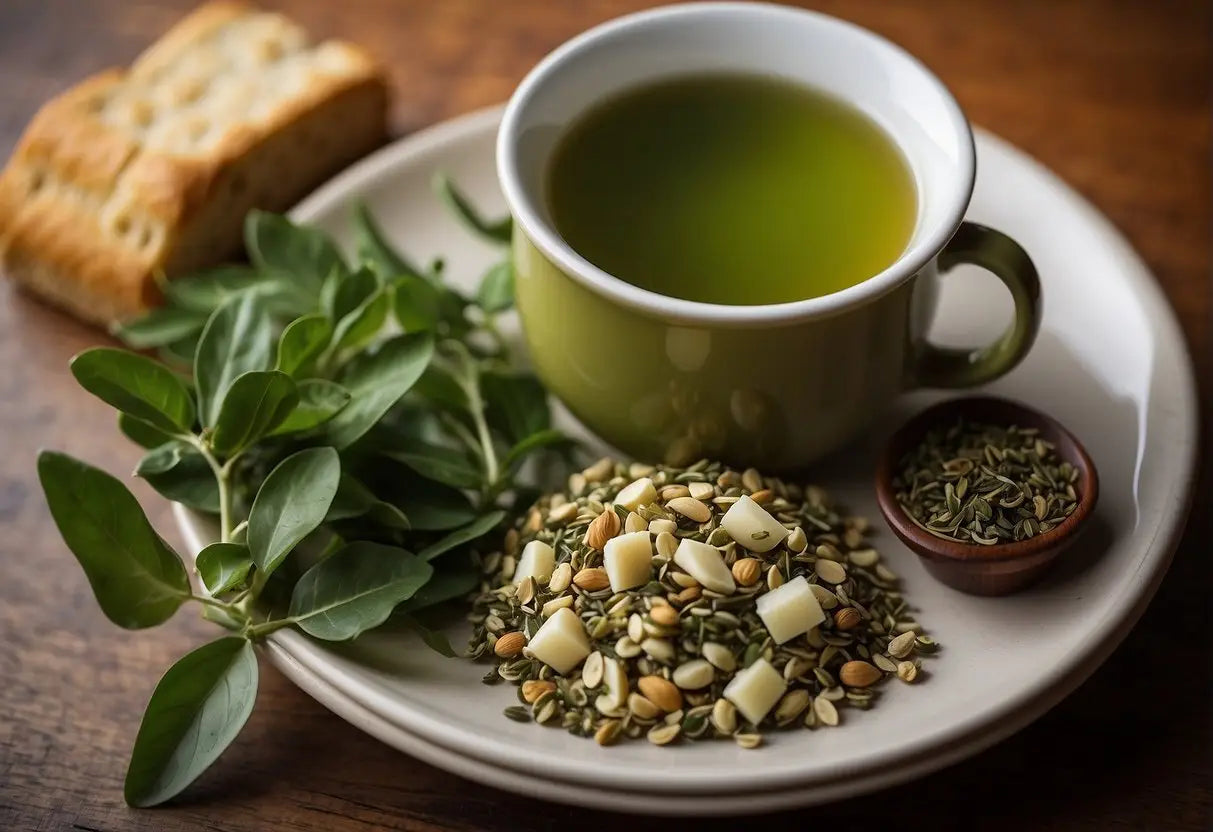 A table with various diet patterns: Mediterranean, vegetarian, keto. A cup of green tea next to a plate of food