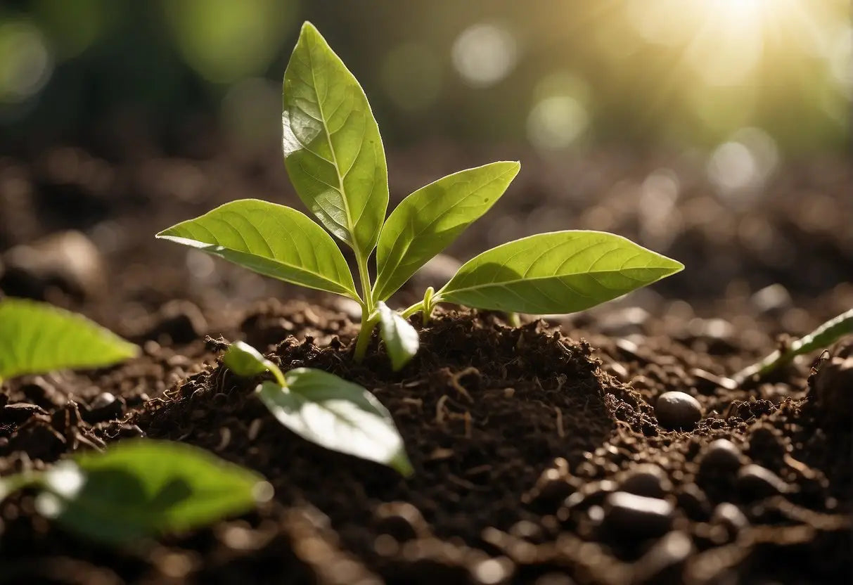 A white tea leaf surrounded by sunlight, water, and soil, representing factors influencing caffeine levels