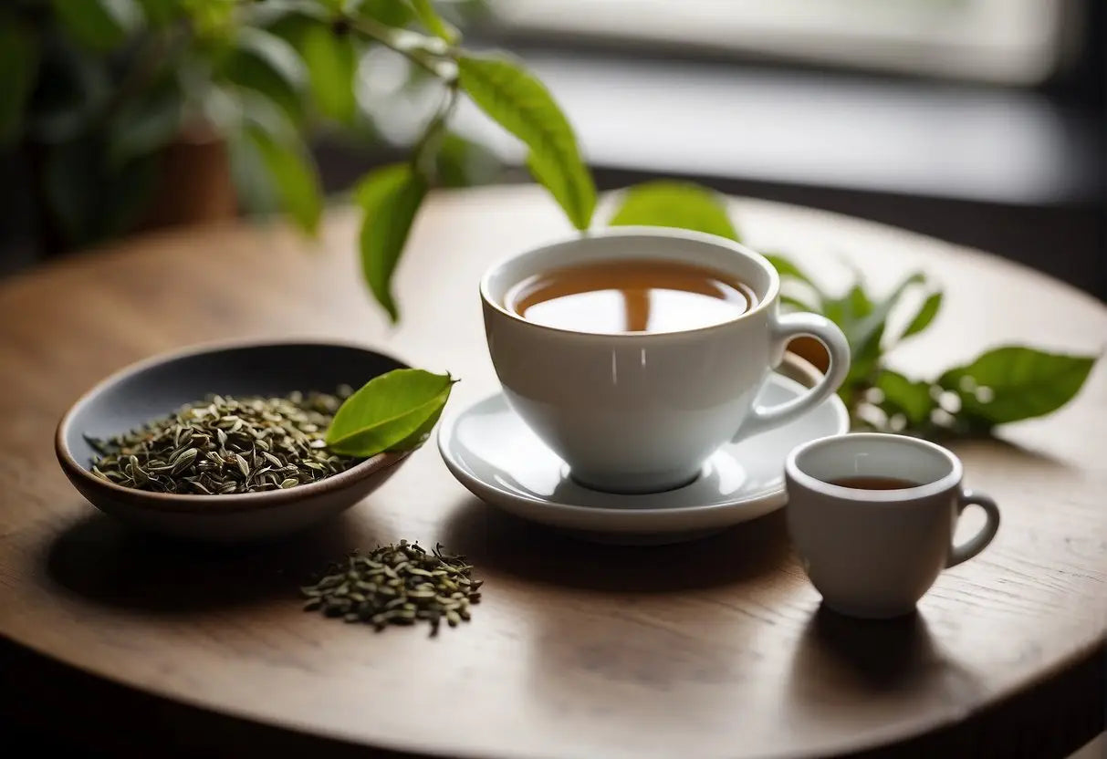 A cup of white tea sits on a table, with a teapot and loose tea leaves nearby. A small digital scale displays the measured amount of caffeine in the tea