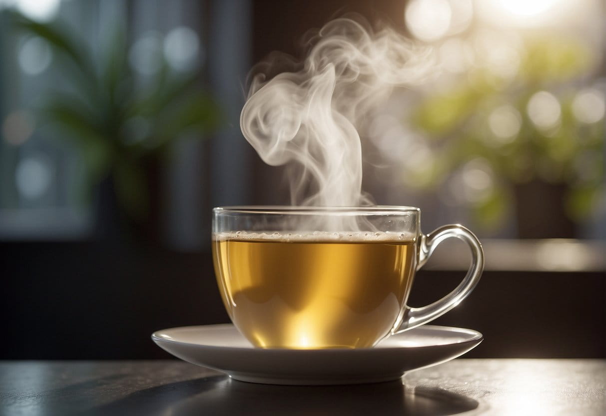 A steaming cup of white tea with a caffeine content label prominently displayed